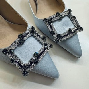 *UK size 2.5 - MOLLY  - sky blue with clear and dark green crystal, 7cm heels