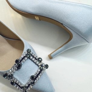 *UK size 2.5 - MOLLY  - sky blue with clear and dark green crystal, 7cm heels
