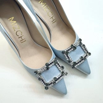*UK size 2.5 - MOLLY  - sky blue with clear and dark green crystal, 7cm heels