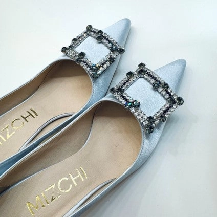*UK size 2.5 - MOLLY  - sky blue with clear and dark green crystal, 7cm heels