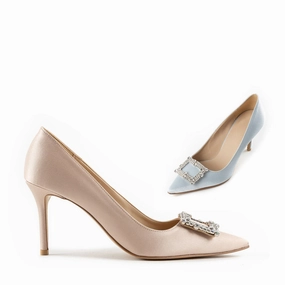 *UK size 2.5 - MOLLY  - sky blue with clear and dark green crystal, 7cm heels