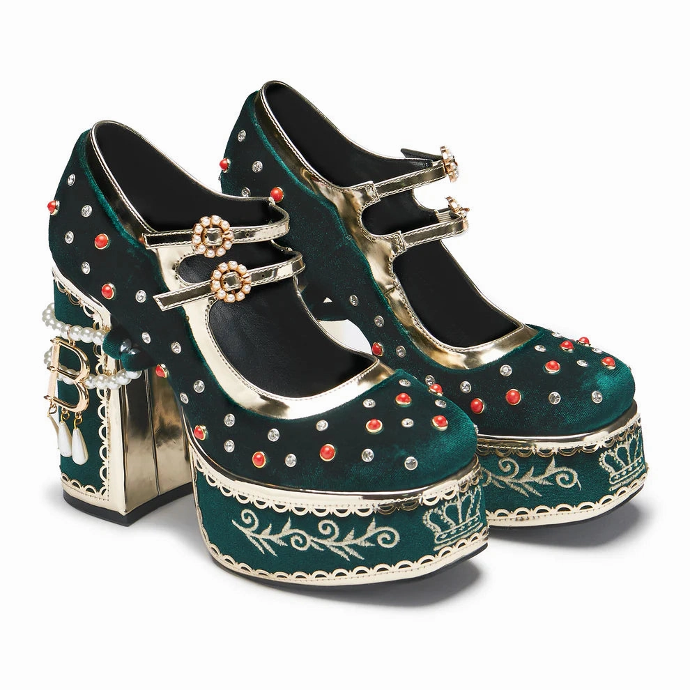 Boleyn’s Revenge Bejewelled Velvet Heels - Green