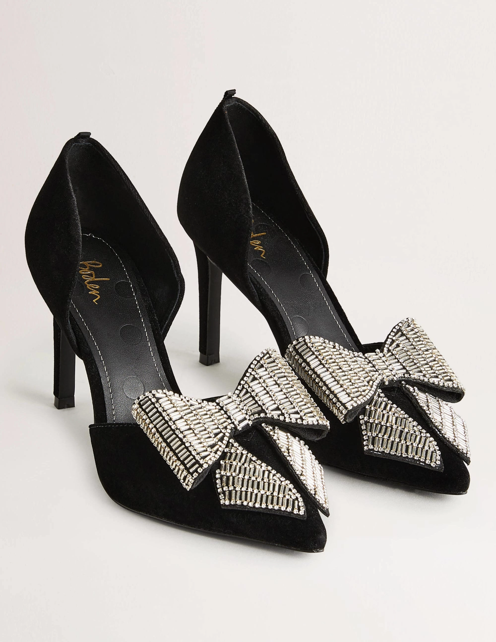 Bow Embellished Heeled Courts-Black Velvet