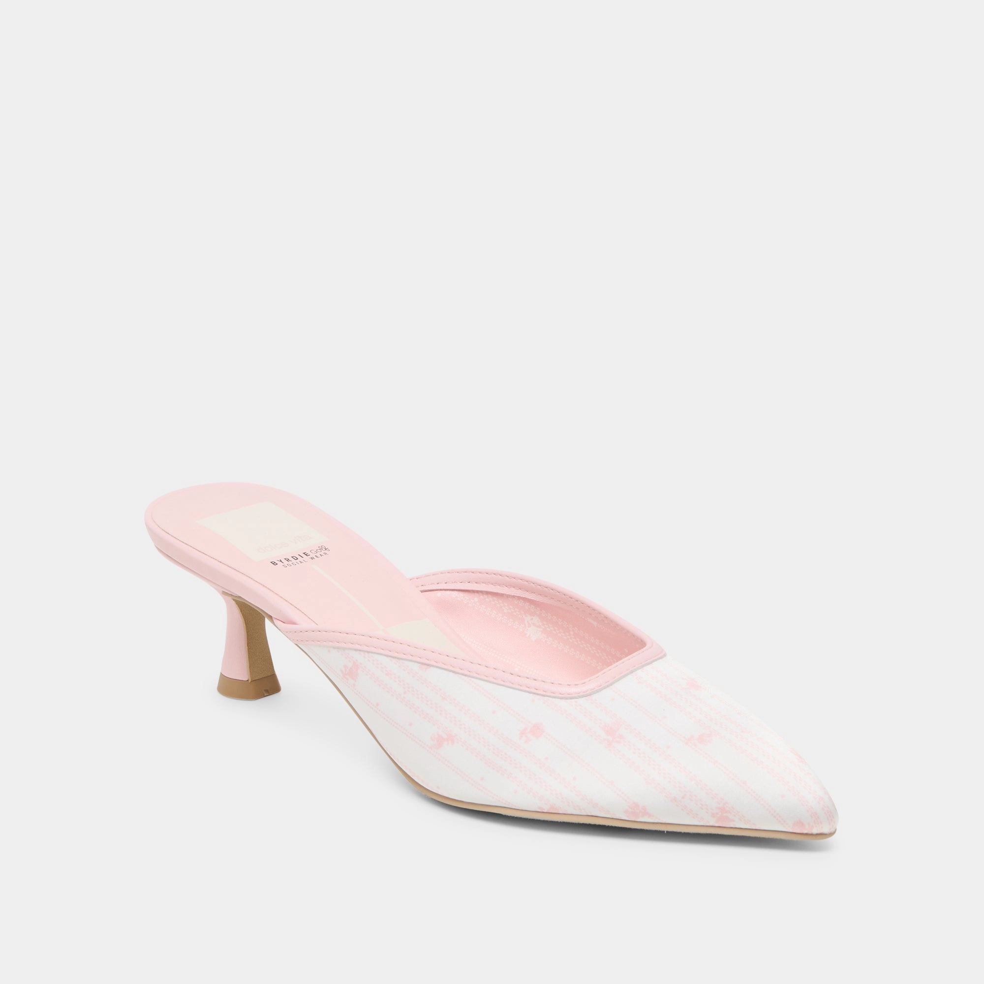 CLEO X BYRDIE GOLF HEELS PINK FLORAL SATIN