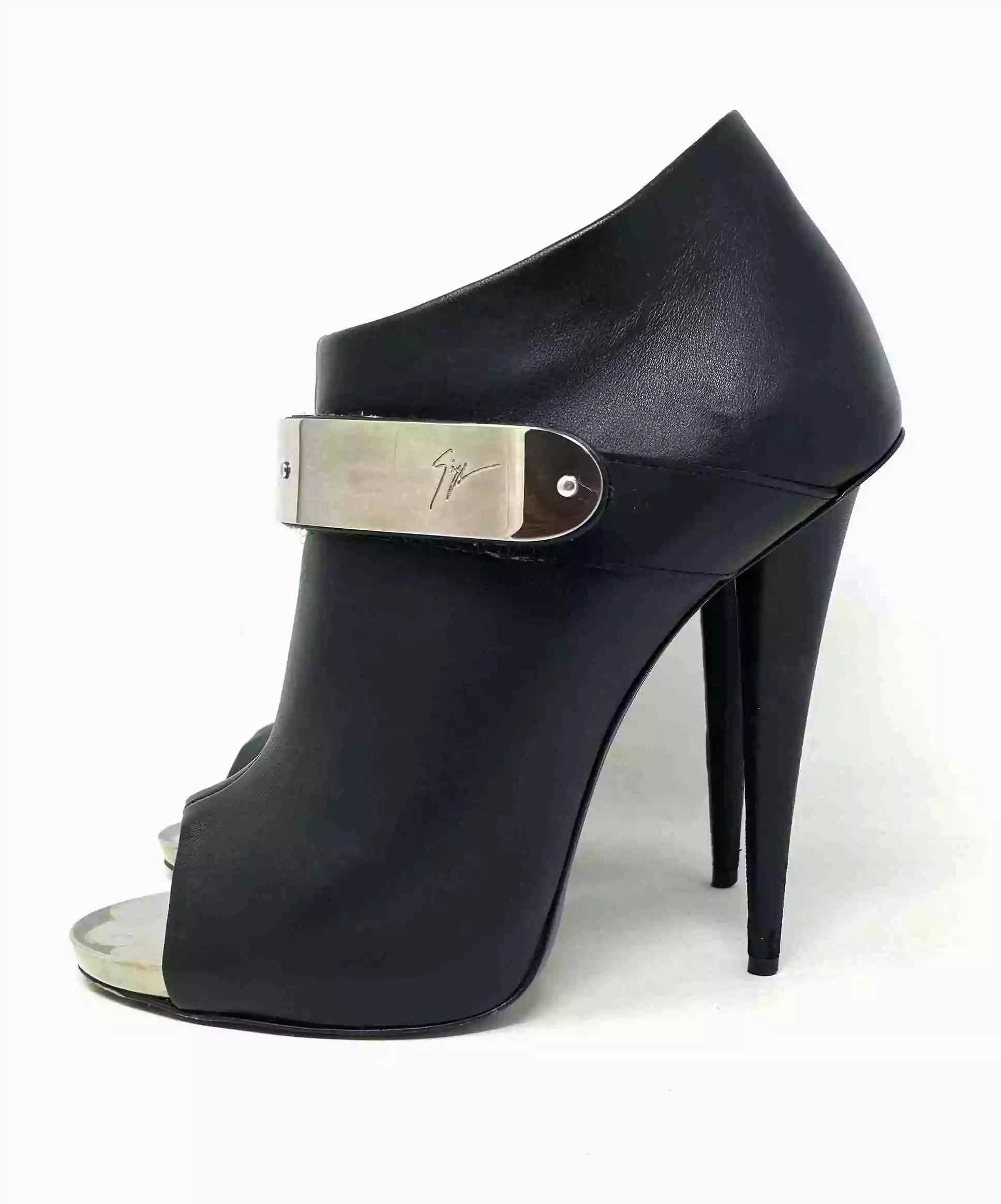 Giuseppe Zanotti Black Leather Metal Strap Open Toe Ankle Boots 38 UK 5
