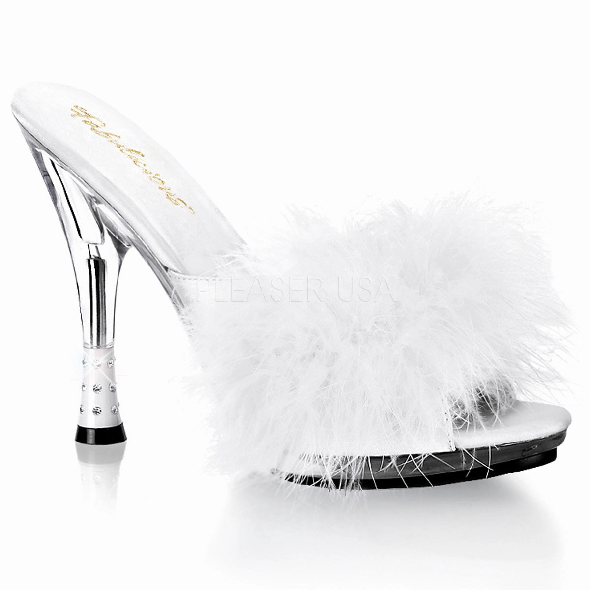 GLITZY-501-8  White Satin Fur/Clear