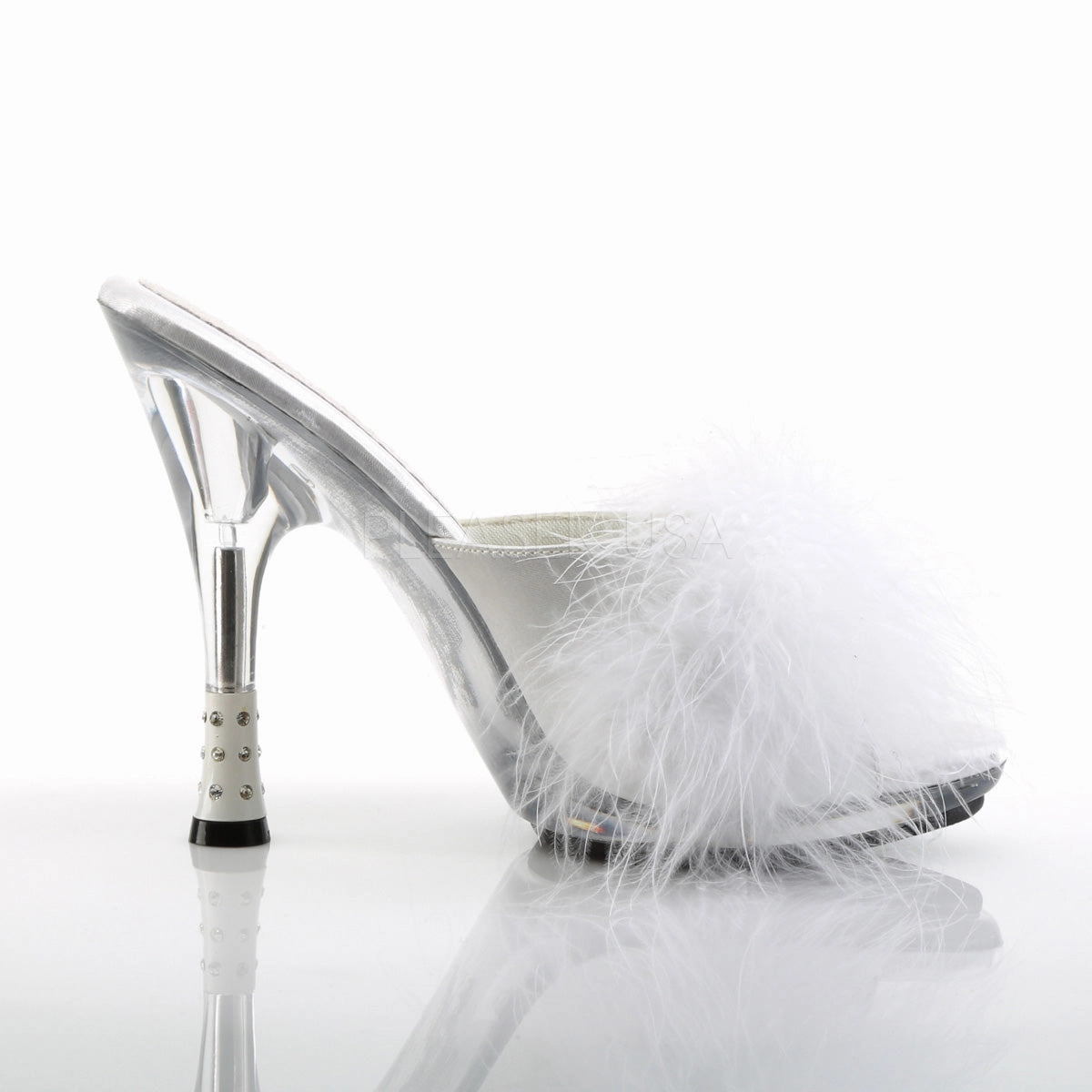 GLITZY-501-8  White Satin Fur/Clear