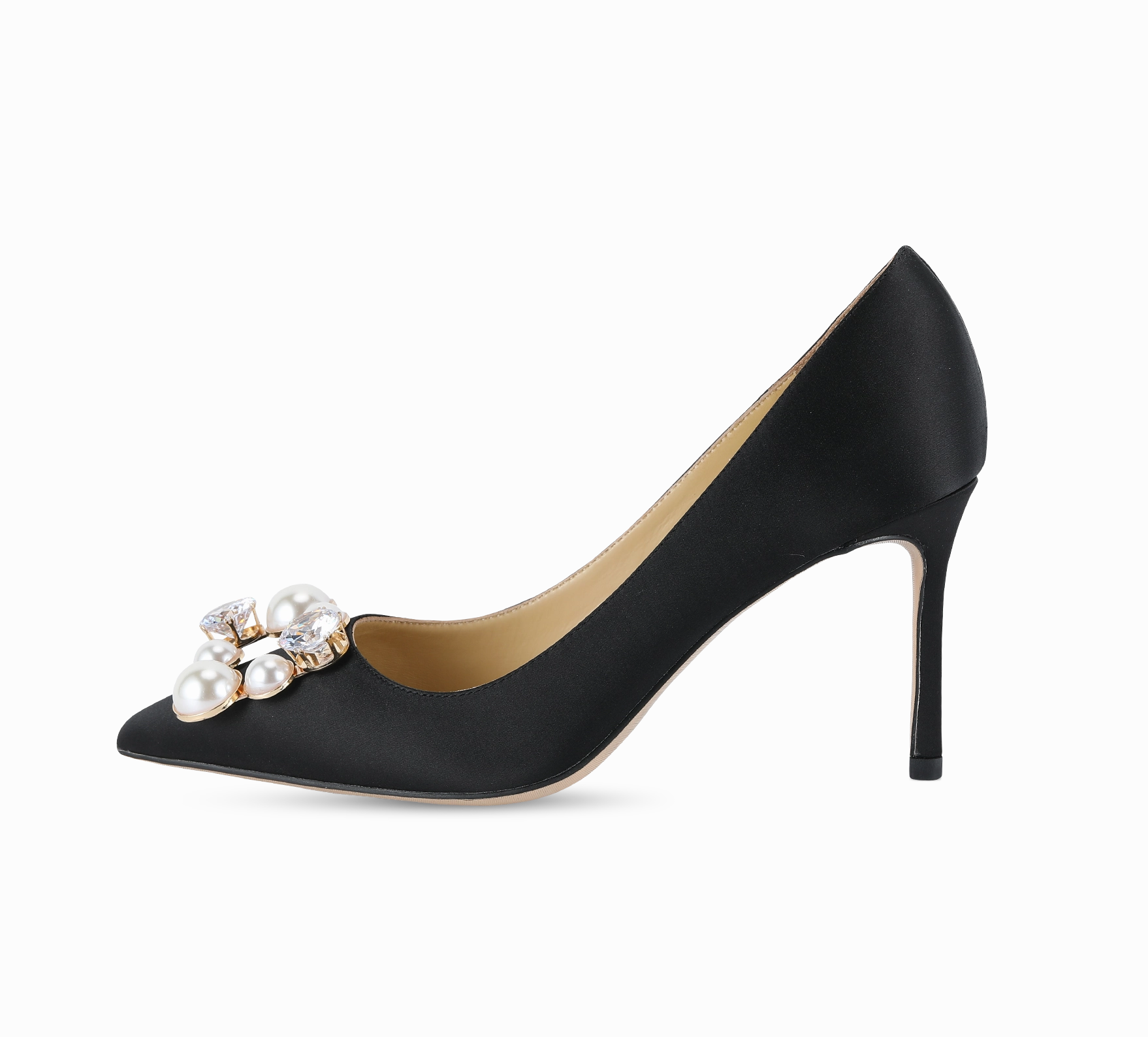 Pearl Buckle Satin Pumps