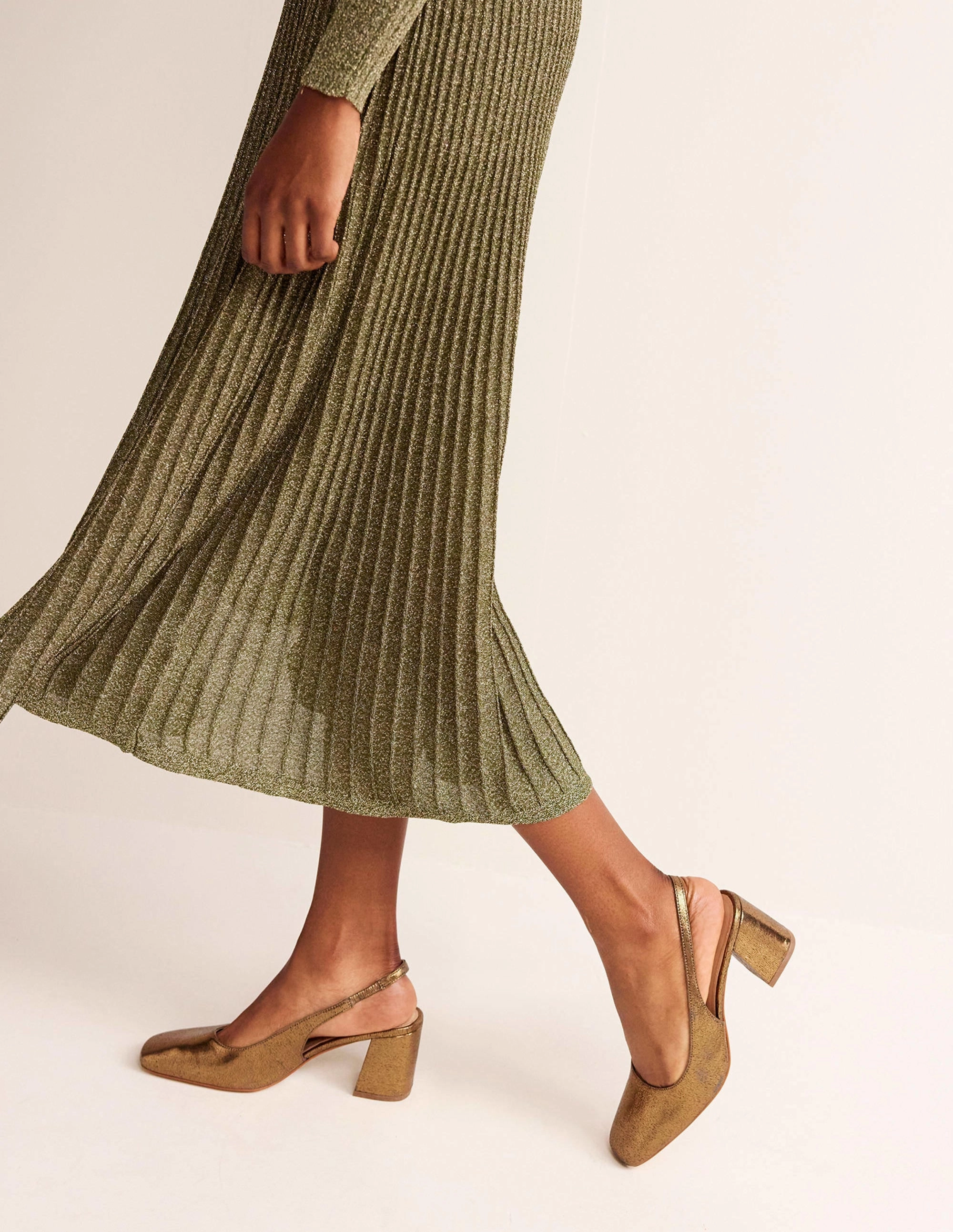 Slingback Mid-Heel Pumps-Gold Metallic Leather